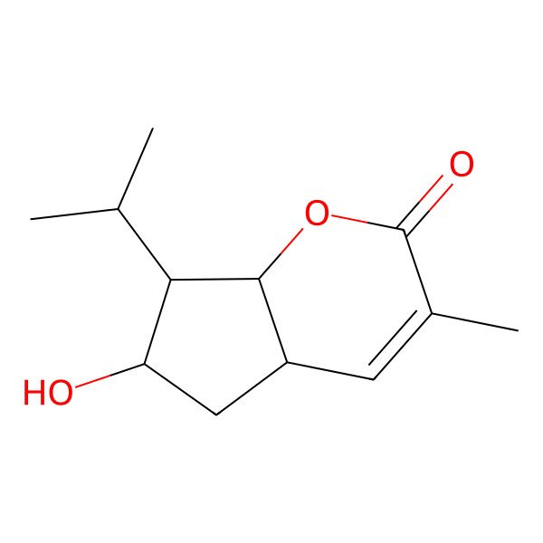 2D Structure of 6-hydroxy-3-methyl-7-propan-2-yl-5,6,7,7a-tetrahydro-4aH-cyclopenta[b]pyran-2-one