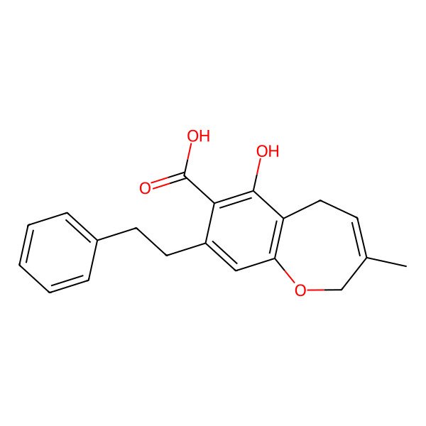 2D Structure of 6-Hydroxy-3-methyl-8-(2-phenylethyl)-2,5-dihydro-1-benzoxepine-7-carboxylic acid 2D Structure of 6-Hydroxy-3-methyl-8-(2-phenylethyl)-2,5-dihydro-1-benzoxepine-7-carboxylic acid