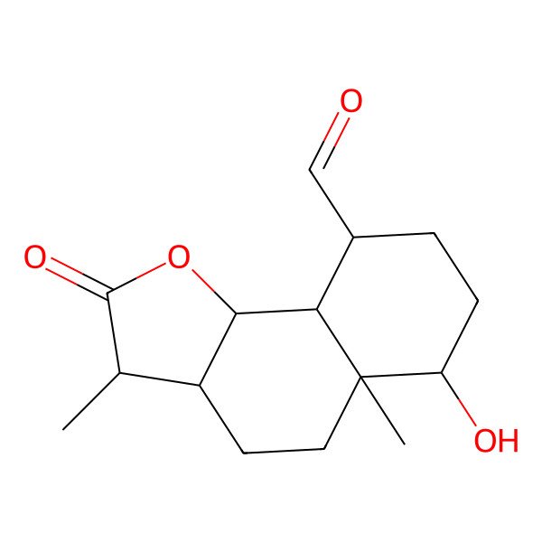 2D Structure of 6-Hydroxy-3,5a-dimethyl-2-oxo-3,3a,4,5,6,7,8,9,9a,9b-decahydrobenzo[g][1]benzofuran-9-carbaldehyde