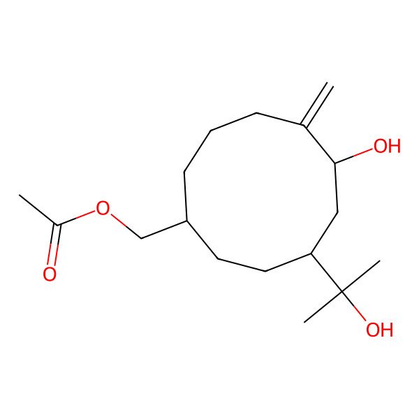 2D Structure of [6-Hydroxy-4-(2-hydroxypropan-2-yl)-7-methylidenecyclodecyl]methyl acetate