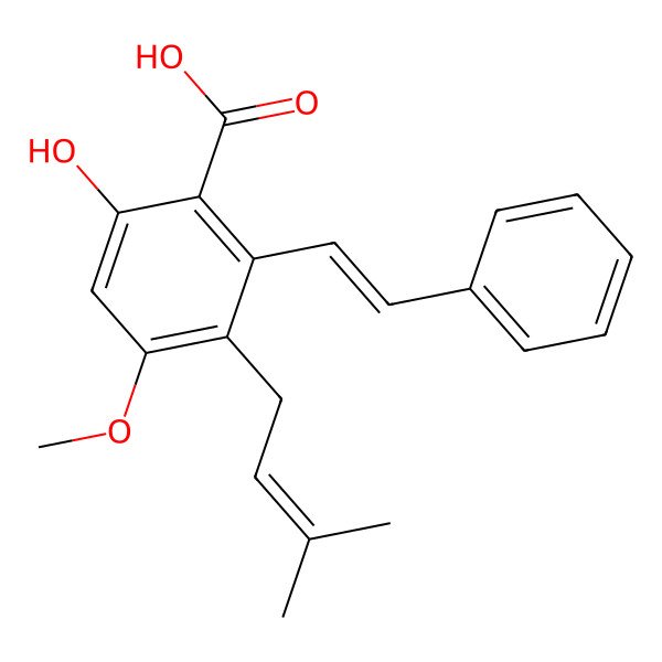 2D Structure of 6-Hydroxy-4-methoxy-3-(3-methyl-2-butenyl)-2-(2-phenylethenyl)benzoic acid