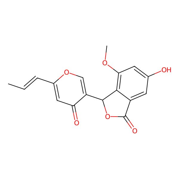 2D Structure of 6-hydroxy-4-methoxy-3-(4-oxo-6-prop-1-enylpyran-3-yl)-3H-2-benzofuran-1-one