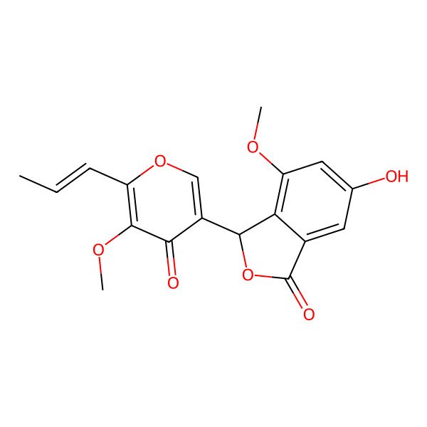 2D Structure of 6-hydroxy-4-methoxy-3-(5-methoxy-4-oxo-6-prop-1-enylpyran-3-yl)-3H-2-benzofuran-1-one