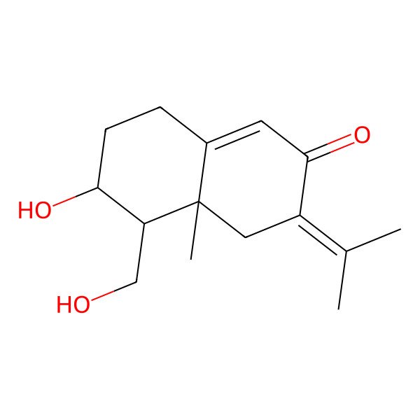 2D Structure of 6-hydroxy-5-(hydroxymethyl)-4a-methyl-3-propan-2-ylidene-5,6,7,8-tetrahydro-4H-naphthalen-2-one