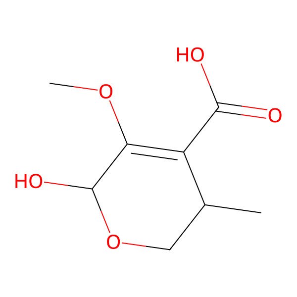 2D Structure of 6-hydroxy-5-methoxy-3-methyl-3,6-dihydro-2H-pyran-4-carboxylic acid