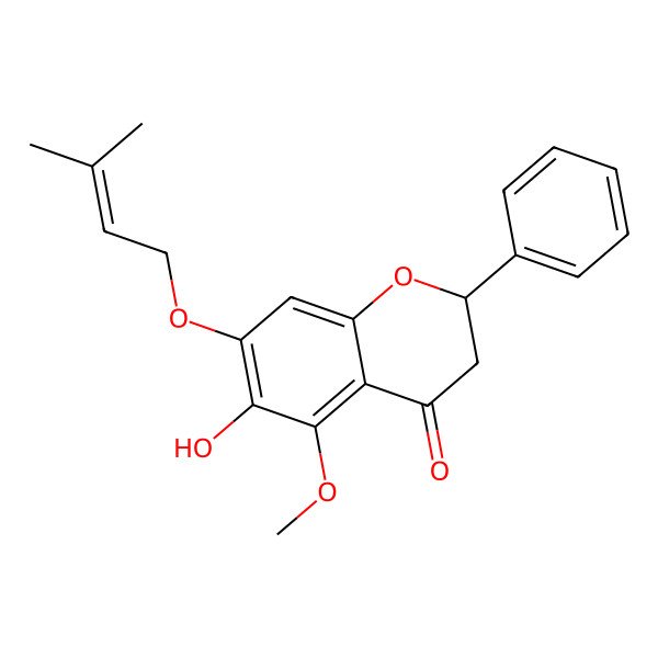 2D Structure of 6-Hydroxy-5-methoxy-7-(3-methylbut-2-enoxy)-2-phenyl-2,3-dihydrochromen-4-one 2D Structure of 6-Hydroxy-5-methoxy-7-(3-methylbut-2-enoxy)-2-phenyl-2,3-dihydrochromen-4-one