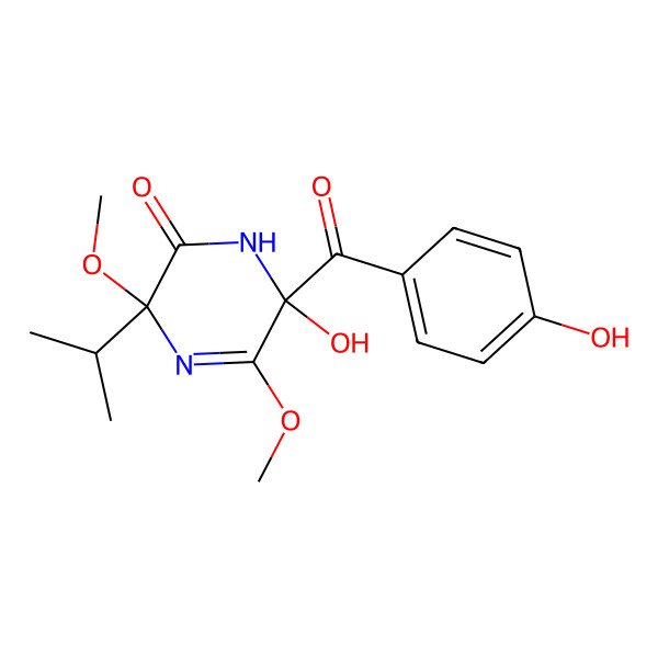 2D Structure of 6-hydroxy-6-(4-hydroxybenzoyl)-3,5-dimethoxy-3-propan-2-yl-1H-pyrazin-2-one
