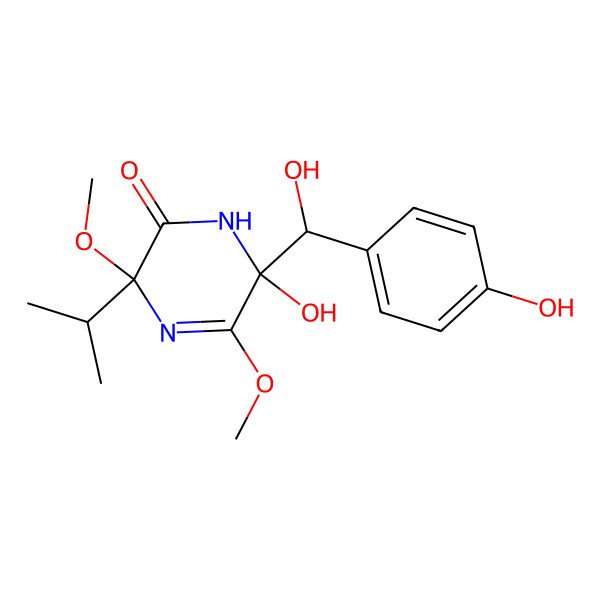 2D Structure of 6-hydroxy-6-[hydroxy-(4-hydroxyphenyl)methyl]-3,5-dimethoxy-3-propan-2-yl-1H-pyrazin-2-one