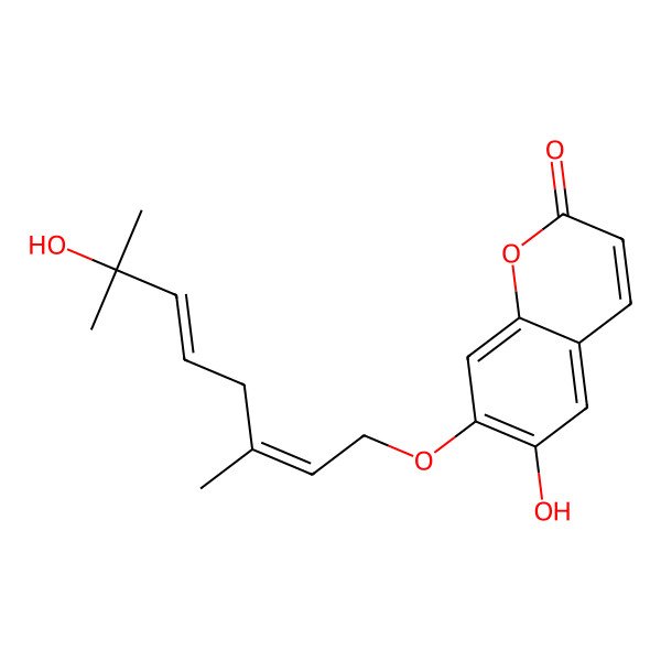 2D Structure of 6-hydroxy-7-[(2E,5E)-7-hydroxy-3,7-dimethylocta-2,5-dienoxy]chromen-2-one