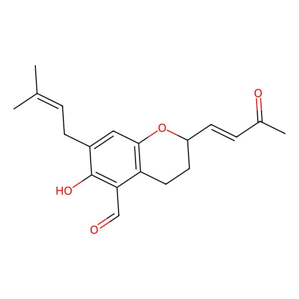 2D Structure of 6-hydroxy-7-(3-methylbut-2-enyl)-2-(3-oxobut-1-enyl)-3,4-dihydro-2H-chromene-5-carbaldehyde