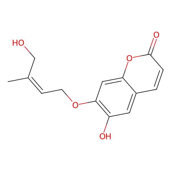 2D Structure of 6-hydroxy-7-[(E)-4-hydroxy-3-methylbut-2-enoxy]chromen-2-one
