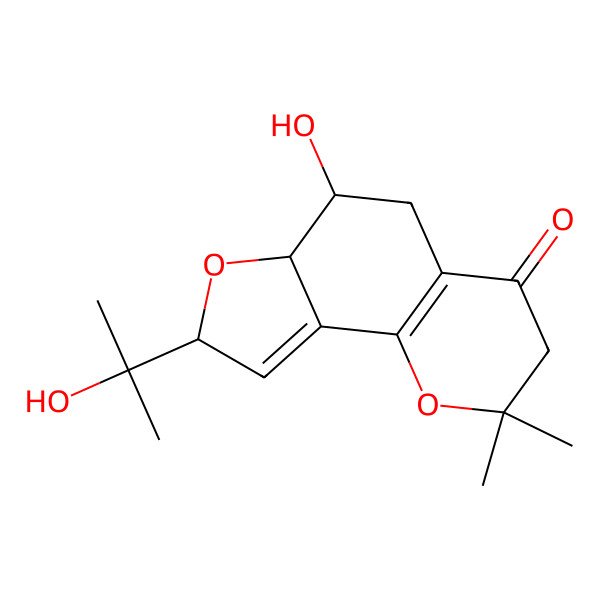 2D Structure of 6-hydroxy-8-(2-hydroxypropan-2-yl)-2,2-dimethyl-5,6,6a,8-tetrahydro-3H-furo[2,3-h]chromen-4-one