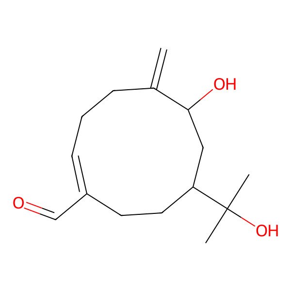 2D Structure of 6-Hydroxy-8-(2-hydroxypropan-2-yl)-5-methylidenecyclodecene-1-carbaldehyde 2D Structure of 6-Hydroxy-8-(2-hydroxypropan-2-yl)-5-methylidenecyclodecene-1-carbaldehyde