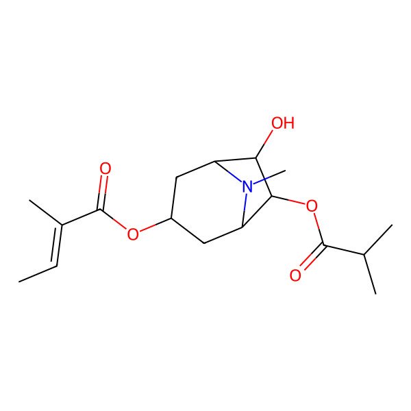 2D Structure of 6-Hydroxy-8-methyl-7-[(2-methylpropanoyl)oxy]-8-azabicyclo[3.2.1]oct-3-yl (2E)-2-methylbut-2-enoate