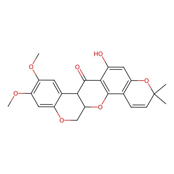 2D Structure of 6-Hydroxy-9,10-dimethoxy-3,3-dimethyl-13,13a-dihydro-3H,7aH-pyrano[2,3-c:6,5-f']dichromen-7-one