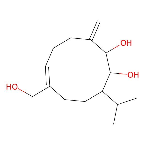 2D Structure of 6-(Hydroxymethyl)-10-methylidene-3-propan-2-ylcyclodec-6-ene-1,2-diol 2D Structure of 6-(Hydroxymethyl)-10-methylidene-3-propan-2-ylcyclodec-6-ene-1,2-diol