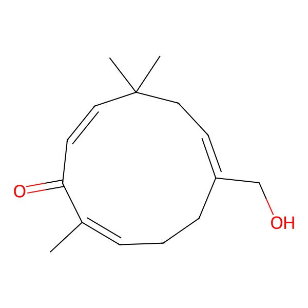 2D Structure of 6-(Hydroxymethyl)-2,9,9-trimethylcycloundeca-2,6,10-trien-1-one