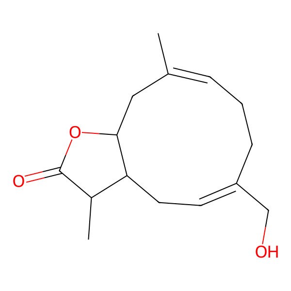 2D Structure of 6-(hydroxymethyl)-3,10-dimethyl-3a,4,7,8,11,11a-hexahydro-3H-cyclodeca[b]furan-2-one