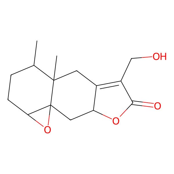 2D Structure of 6-(Hydroxymethyl)-9,10-dimethyl-4,14-dioxatetracyclo[7.5.0.01,13.03,7]tetradec-6-en-5-one