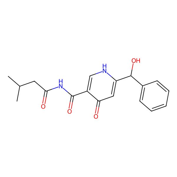 2D Structure of 6-[hydroxy(phenyl)methyl]-N-(3-methylbutanoyl)-4-oxo-1H-pyridine-3-carboxamide
