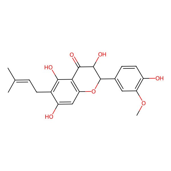 2D Structure of (2R,3R)-3,5,7-trihydroxy-2-(4-hydroxy-3-methoxyphenyl)-6-(3-methylbut-2-enyl)-2,3-dihydrochromen-4-one