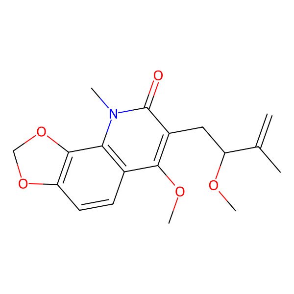 2D Structure of 6-Methoxy-7-(2-methoxy-3-methylbut-3-enyl)-9-methyl-[1,3]dioxolo[4,5-h]quinolin-8-one