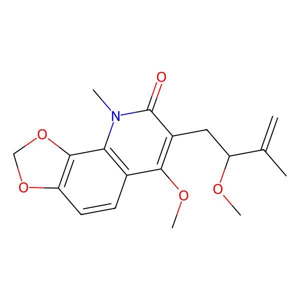 2D Structure of 6-methoxy-7-[(2S)-2-methoxy-3-methylbut-3-enyl]-9-methyl-[1,3]dioxolo[4,5-h]quinolin-8-one