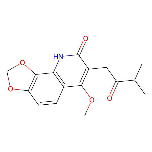 2D Structure of 6-methoxy-7-(3-methyl-2-oxobutyl)-9H-[1,3]dioxolo[4,5-h]quinolin-8-one