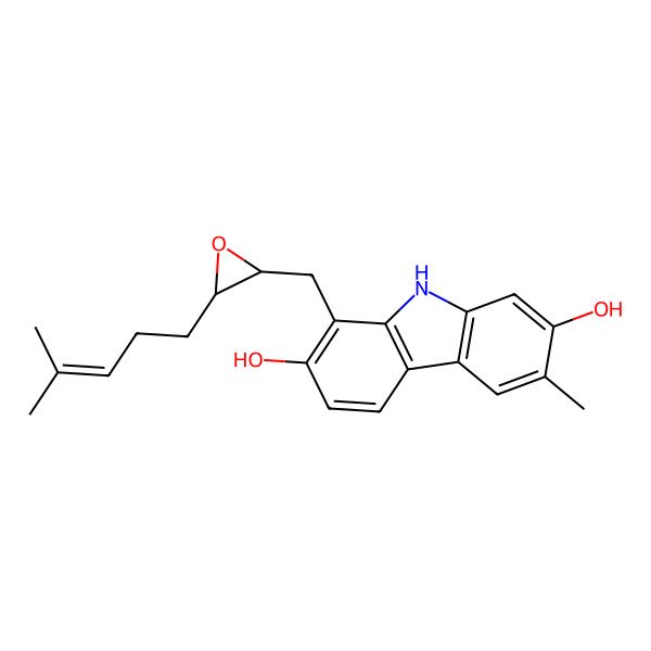 2D Structure of 6-methyl-1-[[3-(4-methylpent-3-enyl)oxiran-2-yl]methyl]-9H-carbazole-2,7-diol
