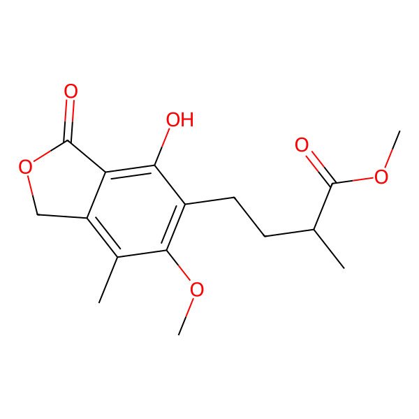 2D Structure of 6-(Methyl 3-methylbutanoate)-7-hydroxy-5-methoxy-4-methylphthalan-1-one