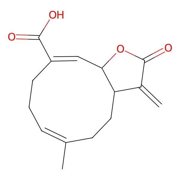 2D Structure of 6-Methyl-3-methylidene-2-oxo-3a,4,5,8,9,11a-hexahydrocyclodeca[b]furan-10-carboxylic acid