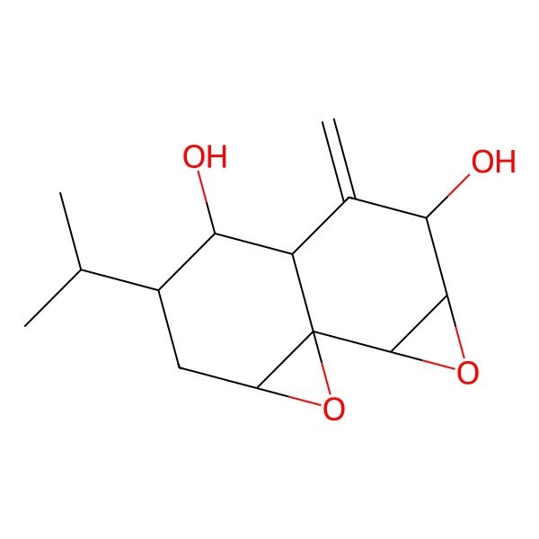 2D Structure of 6-Methylidene-9-propan-2-yl-3,12-dioxatetracyclo[5.5.0.01,11.02,4]dodecane-5,8-diol