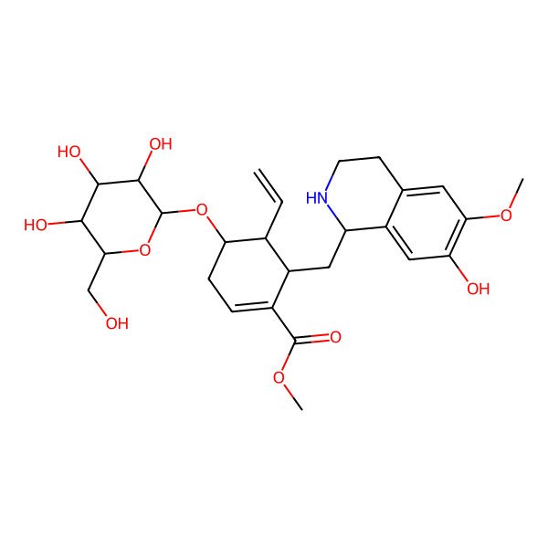 2D Structure of methyl (4R,5R,6S)-5-ethenyl-6-[[(1R)-7-hydroxy-6-methoxy-1,2,3,4-tetrahydroisoquinolin-1-yl]methyl]-4-[(2R,3R,4S,5S,6R)-3,4,5-trihydroxy-6-(hydroxymethyl)oxan-2-yl]oxycyclohexene-1-carboxylate