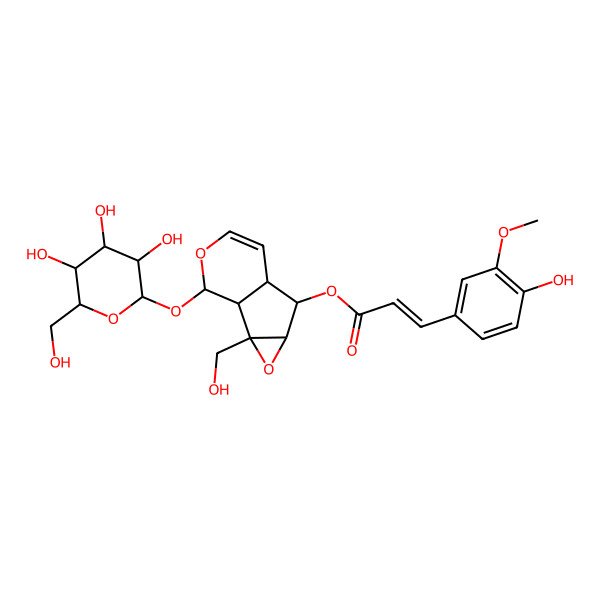 2D Structure of beta-D-Glucopyranoside, 1a,1b,2,5a,6,6a-hexahydro-6-(((2E)-3-(4-hydroxy-3-methoxyphenyl)-1-oxo-2-propenyl)oxy)-1a-(hydroxymethyl)oxireno(4,5)cyclopenta(1,2-c)pyran-2-yl, (1aS,1bS,2S,5aR,6S,6aS)-