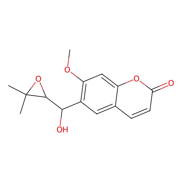 2D Structure of 6-[(R)-[(2S)-3,3-dimethyloxiran-2-yl]-hydroxymethyl]-7-methoxychromen-2-one
