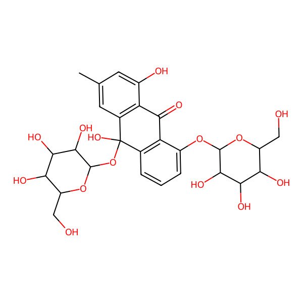 2D Structure of (10R)-1,10-dihydroxy-3-methyl-8,10-bis[[(2S,3R,4S,5S,6R)-3,4,5-trihydroxy-6-(hydroxymethyl)oxan-2-yl]oxy]anthracen-9-one