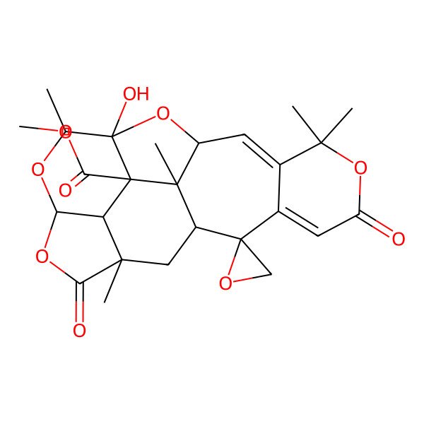 2D Structure of Methyl 12-hydroxy-7,7,13,18,21-pentamethyl-5,17-dioxospiro[6,11,14,16-tetraoxahexacyclo[16.3.1.03,8.010,21.012,20.015,19]docosa-3,8-diene-2,2'-oxirane]-20-carboxylate
