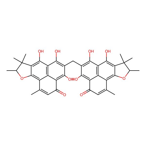 2D Structure of (9R)-4,6,7-trihydroxy-1,8,8,9-tetramethyl-5-[[(9R)-4,6,7-trihydroxy-1,8,8,9-tetramethyl-3-oxo-9H-phenaleno[1,2-b]furan-5-yl]methyl]-9H-phenaleno[1,2-b]furan-3-one