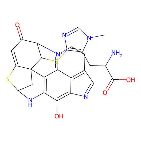 2D Structure of (2S)-2-amino-3-[5-[[(1R,14R,19S)-11-hydroxy-18-oxo-15-thia-9,13-diaza-4-azoniaheptacyclo[12.6.1.13,7.01,16.02,12.04,19.010,22]docosa-2(12),3,7(22),8,10,16-hexaen-20-yl]sulfanyl]-3-methylimidazol-4-yl]propanoic acid