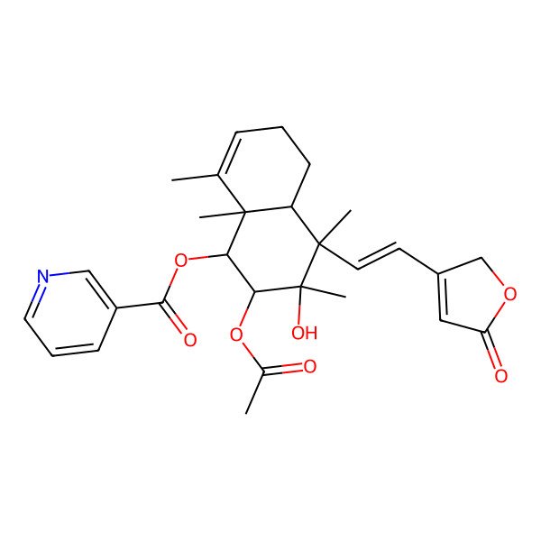 2D Structure of [(1R,2S,3R,4S,4aS,8aR)-2-acetyloxy-3-hydroxy-3,4,8,8a-tetramethyl-4-[(E)-2-(5-oxo-2H-furan-3-yl)ethenyl]-2,4a,5,6-tetrahydro-1H-naphthalen-1-yl] pyridine-3-carboxylate