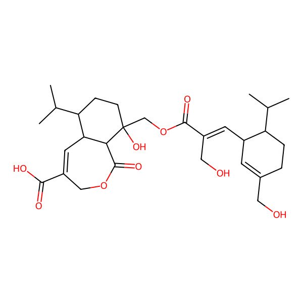 2D Structure of 9-Hydroxy-9-[[2-(hydroxymethyl)-3-[3-(hydroxymethyl)-6-propan-2-ylcyclohex-2-en-1-yl]prop-2-enoyl]oxymethyl]-1-oxo-6-propan-2-yl-3,5a,6,7,8,9a-hexahydro-2-benzoxepine-4-carboxylic acid