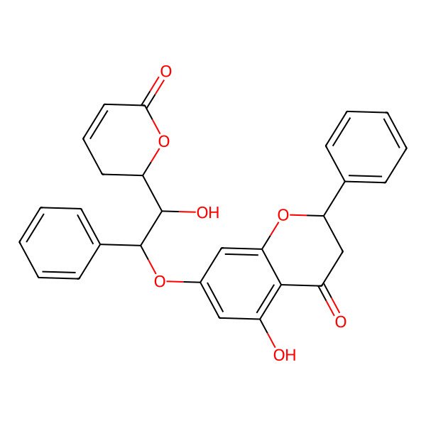 2D Structure of 5-Hydroxy-7-[2-hydroxy-2-(6-oxo-2,3-dihydropyran-2-yl)-1-phenylethoxy]-2-phenyl-2,3-dihydrochromen-4-one