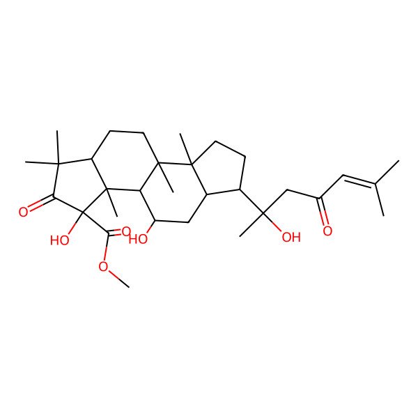 2D Structure of Methyl 3,4-dihydroxy-6-(2-hydroxy-6-methyl-4-oxohept-5-en-2-yl)-1,1,3a,8a,8b-pentamethyl-2-oxo-3b,4,5,5a,6,7,8,9,10,10a-decahydroindeno[6,7-e]indene-3-carboxylate