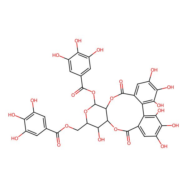2D Structure of [(10R,11S,13S,14R,15R)-3,4,5,14,20,21,22-heptahydroxy-8,17-dioxo-11-(3,4,5-trihydroxybenzoyl)oxy-9,12,16-trioxatetracyclo[16.4.0.02,7.010,15]docosa-1(22),2,4,6,18,20-hexaen-13-yl]methyl 3,4,5-trihydroxybenzoate