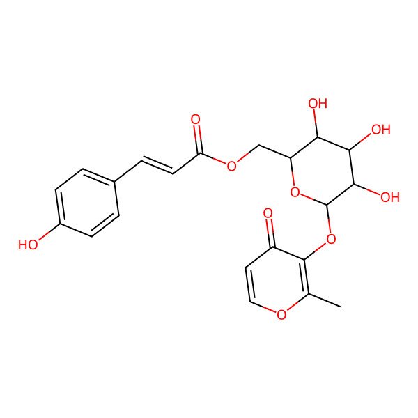 2D Structure of [(2R,3S,4S,5R,6S)-3,4,5-trihydroxy-6-(2-methyl-4-oxopyran-3-yl)oxyoxan-2-yl]methyl (E)-3-(4-hydroxyphenyl)prop-2-enoate