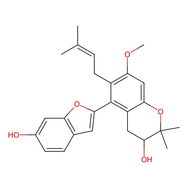2D Structure of (3S)-5-(6-hydroxy-1-benzofuran-2-yl)-7-methoxy-2,2-dimethyl-6-(3-methylbut-2-enyl)-3,4-dihydrochromen-3-ol