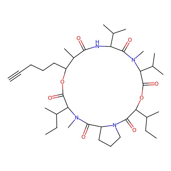 2D Structure of 3,16-Di(butan-2-yl)-7,12,17-trimethyl-13-pent-4-ynyl-6,9-di(propan-2-yl)-4,14-dioxa-1,7,10,17-tetrazabicyclo[17.3.0]docosane-2,5,8,11,15,18-hexone