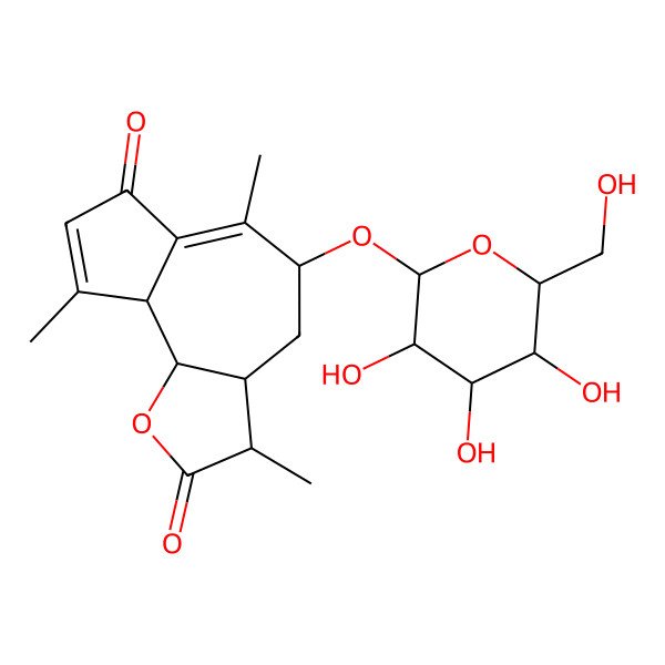 2D Structure of (3S,3aS,5R,9aS,9bS)-3,6,9-trimethyl-5-[(2S,3R,4S,5S,6R)-3,4,5-trihydroxy-6-(hydroxymethyl)oxan-2-yl]oxy-3,3a,4,5,9a,9b-hexahydroazuleno[4,5-b]furan-2,7-dione
