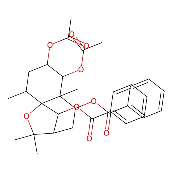 2D Structure of (4,5-Diacetyloxy-12-benzoyloxy-2,6,10,10-tetramethyl-11-oxatricyclo[7.2.1.01,6]dodecan-7-yl) benzoate