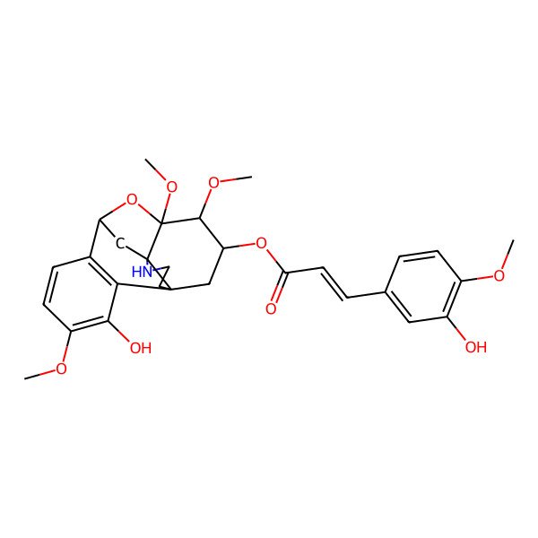 2D Structure of [(1S,8S,10S,11R,12S,13S)-3-hydroxy-4,11,12-trimethoxy-18-oxa-17-azapentacyclo[8.4.3.18,11.01,10.02,7]octadeca-2(7),3,5-trien-13-yl] (E)-3-(3-hydroxy-4-methoxyphenyl)prop-2-enoate
